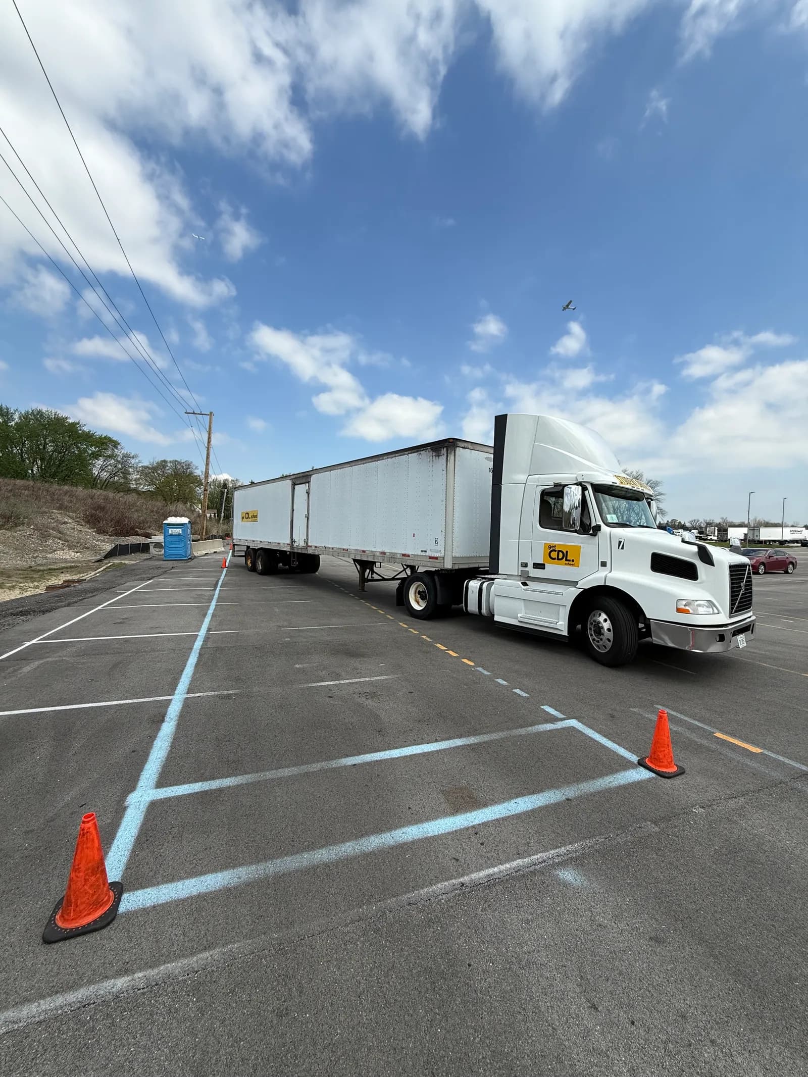 GetCDL School truck and trailer on the maneuvering course