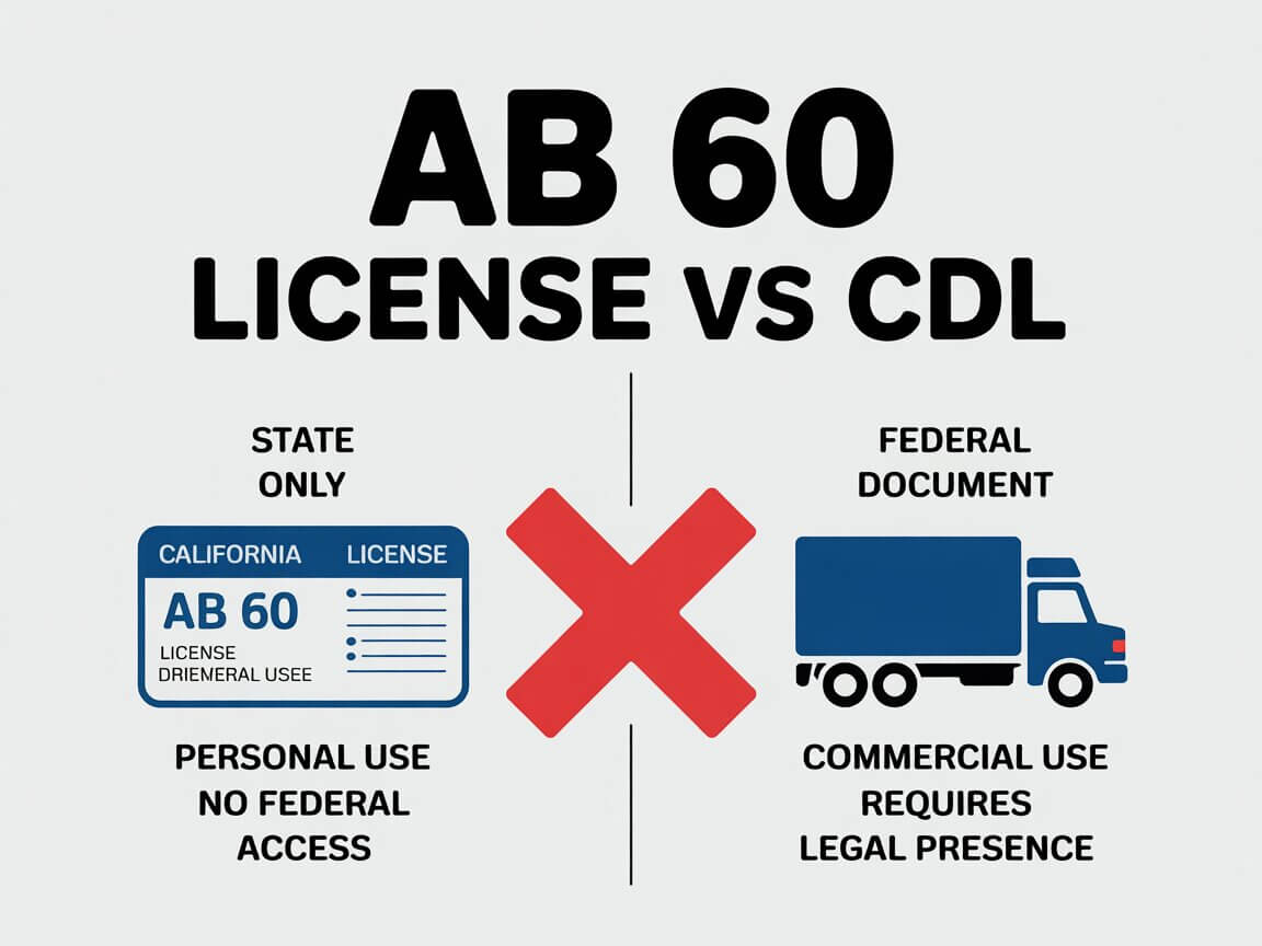 Infographic explaining why AB 60 licenses cannot be used for Commercial Driving