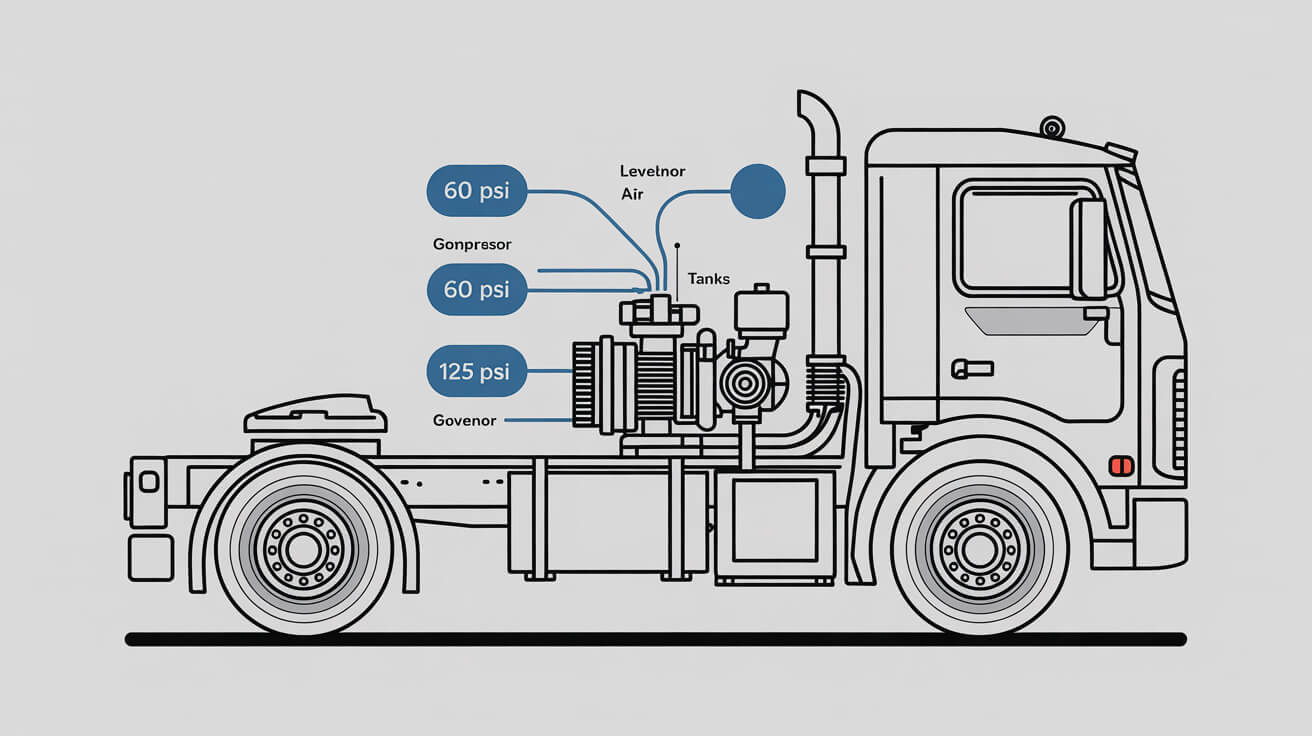 Technical diagram of a truck air brake system with PSI labels