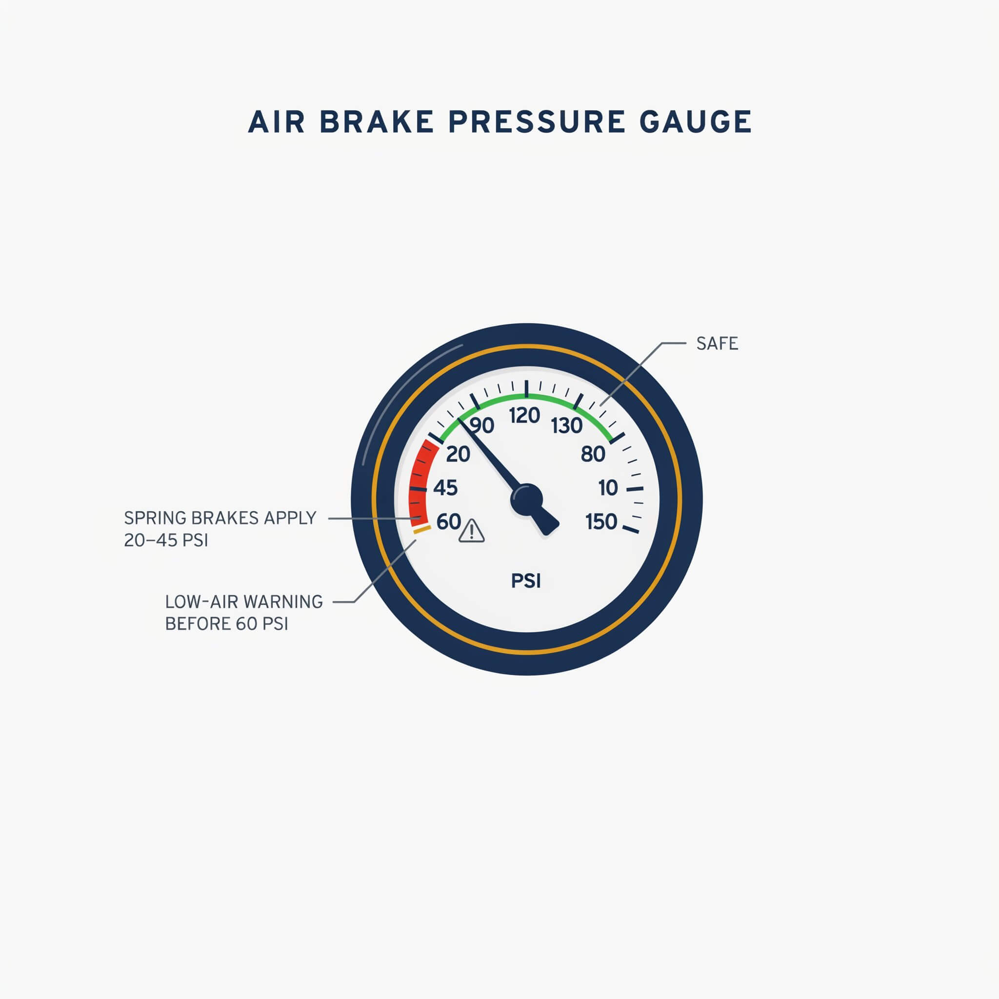 Air pressure gauge showing the low-air warning firing before 60 psi and the spring-brake automatic apply zone around 20 to 45 psi
