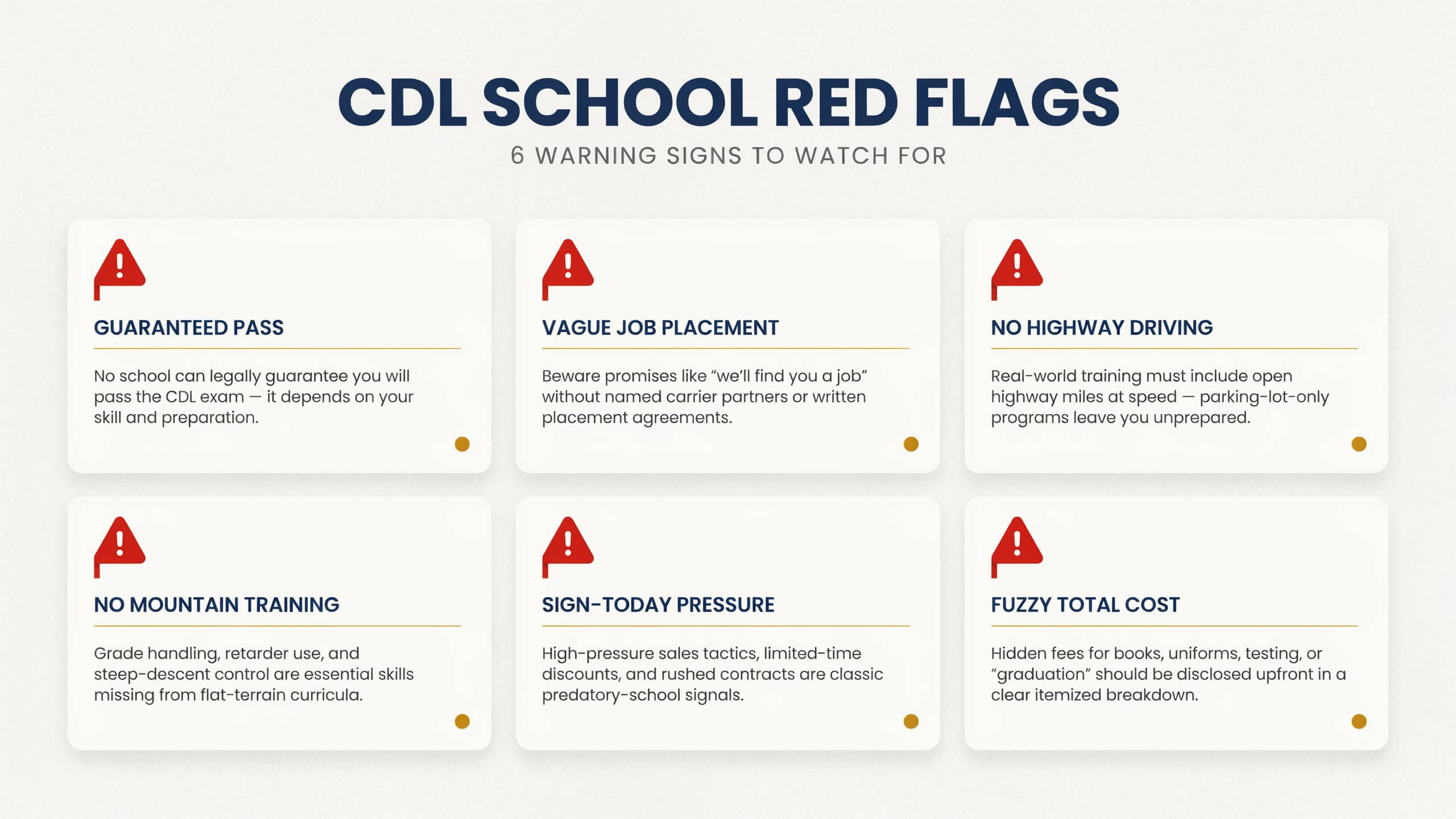Six red flags of a CDL school scam in Phoenix, including guaranteed-pass promises and no highway or grade training