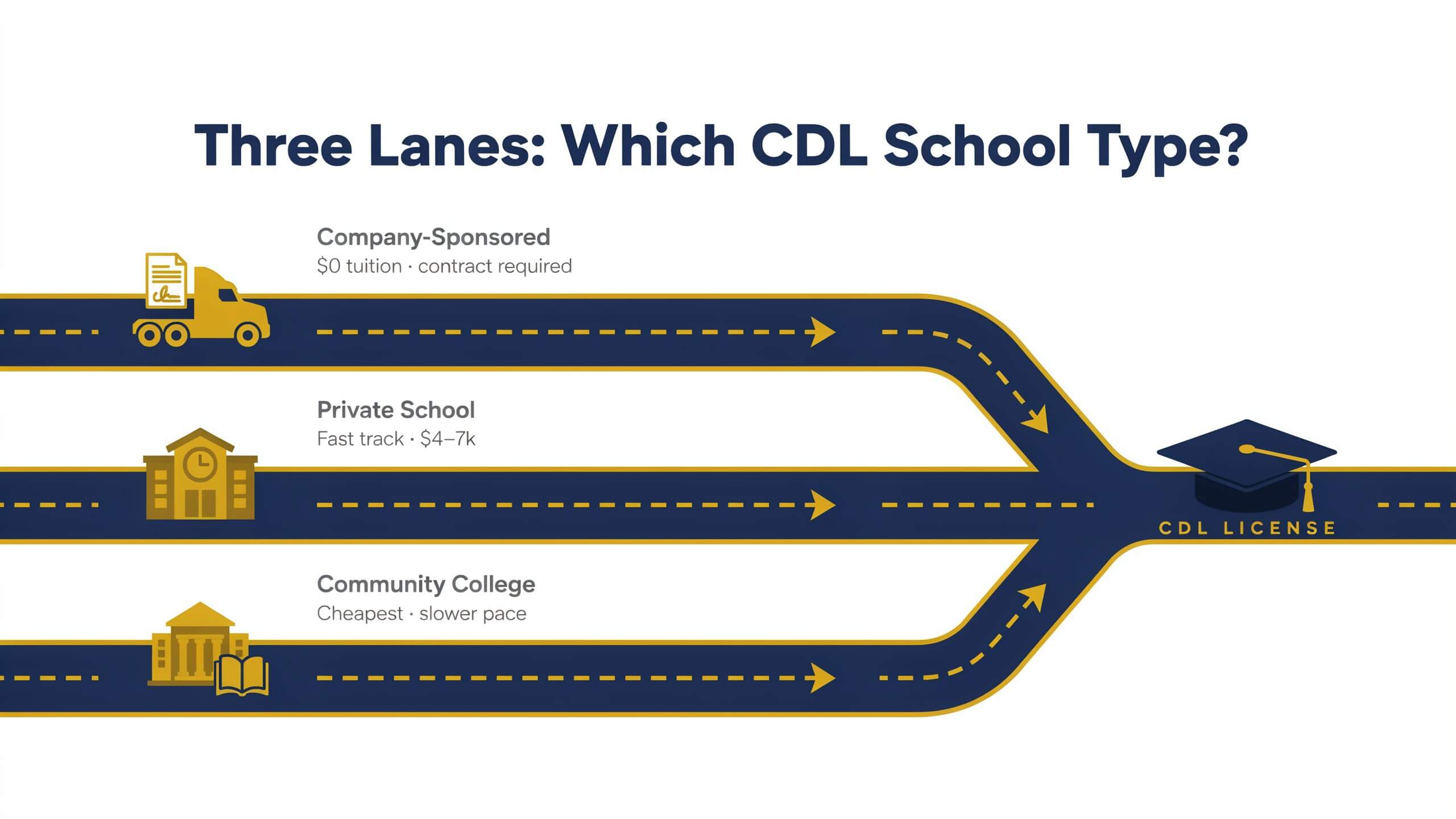 Decision path for choosing between company-sponsored, private, and community college CDL schools in Phoenix, Arizona