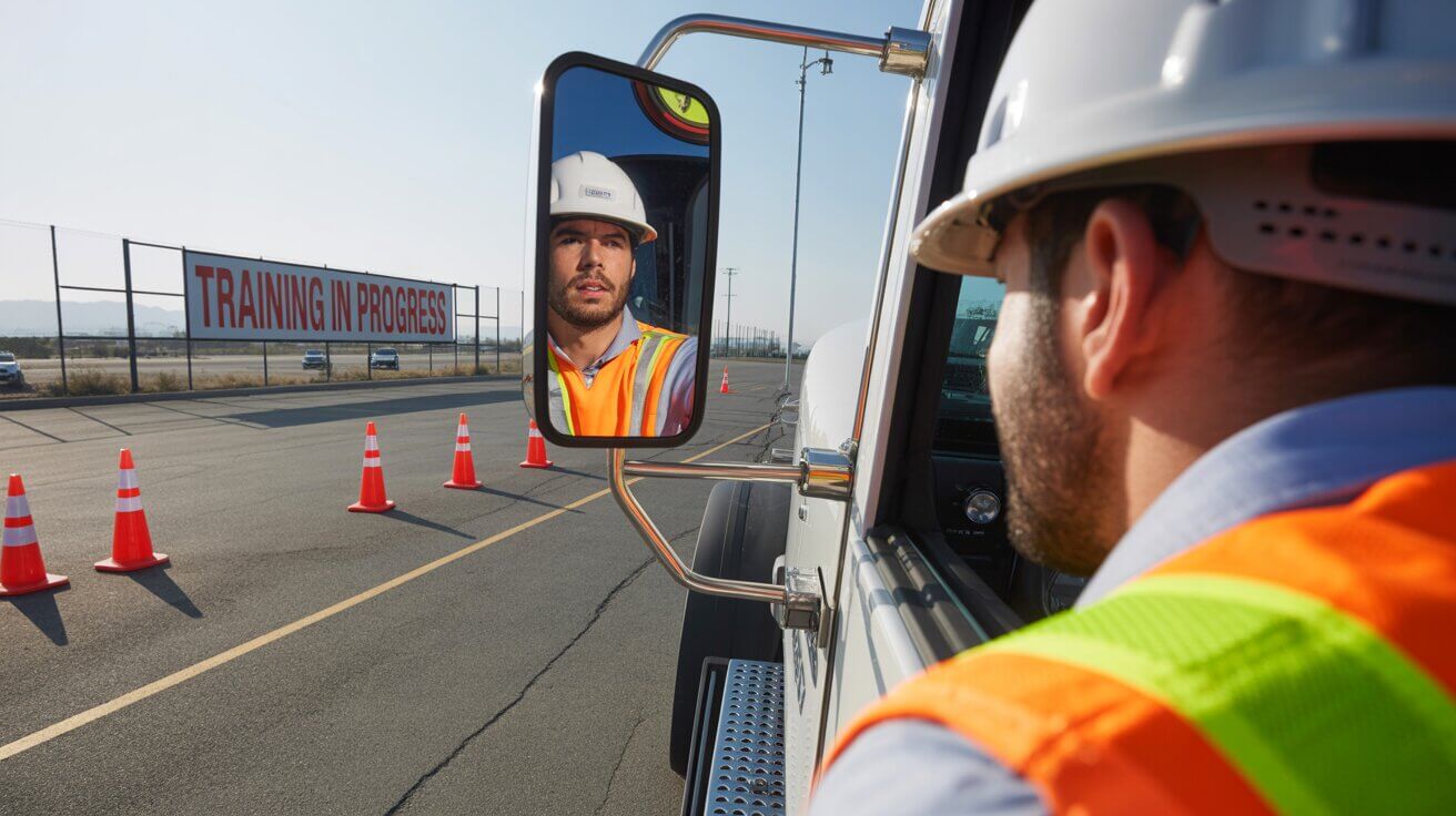 Student practicing backing maneuvers at a CDL school