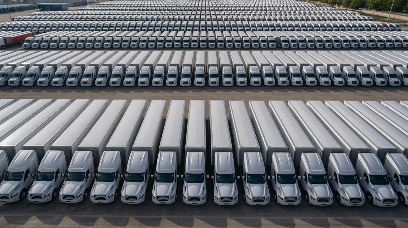 Row of identical fleet trucks at a company training academy