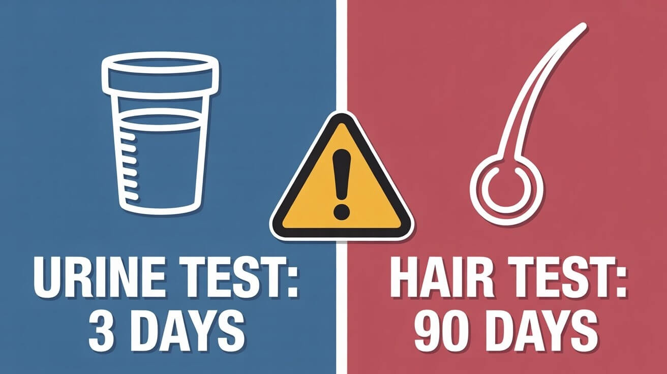 Infographic comparing urine test (3 days) vs hair follicle test (90 days) detection windows