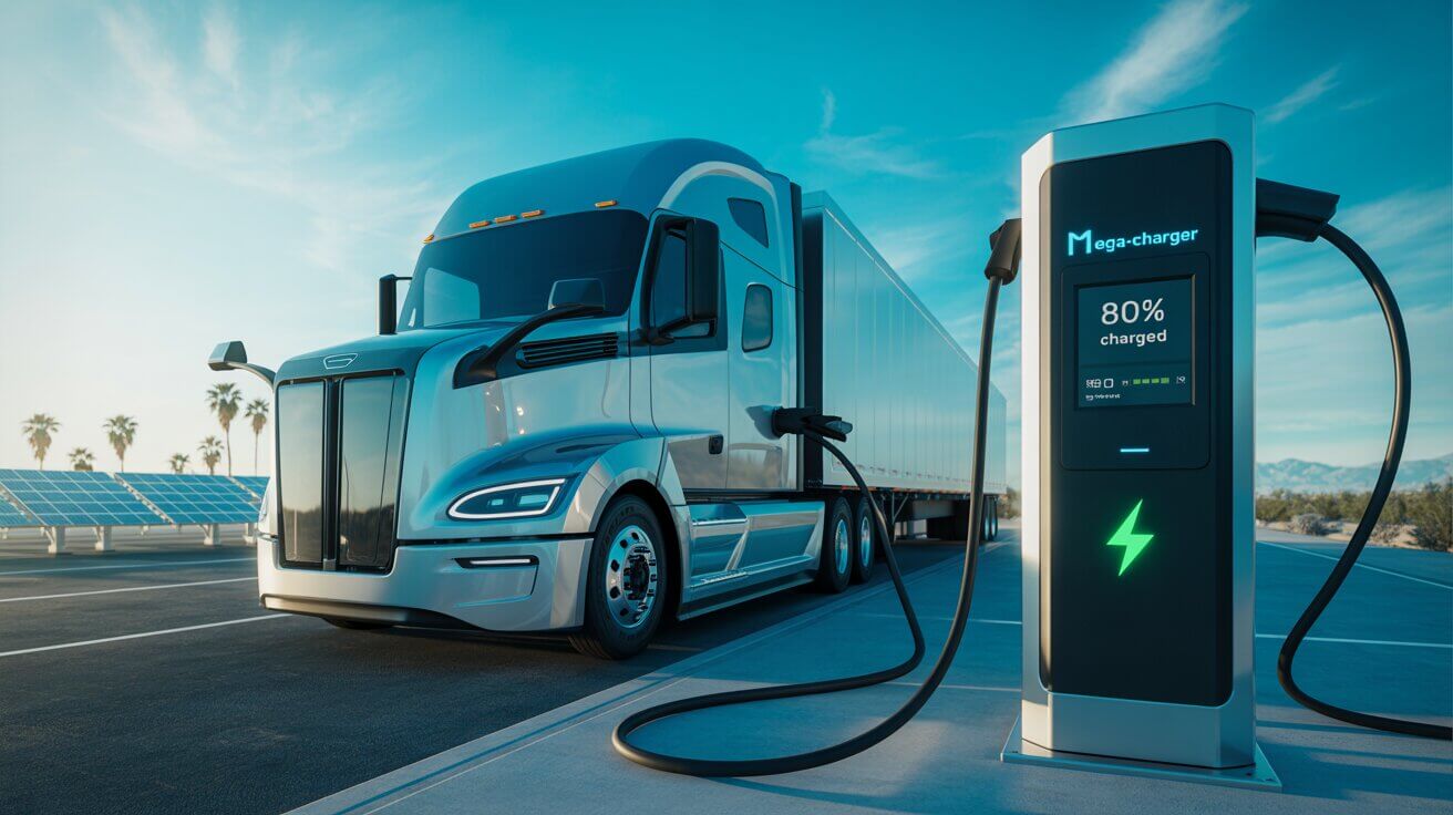 Modern electric semi-truck charging in California