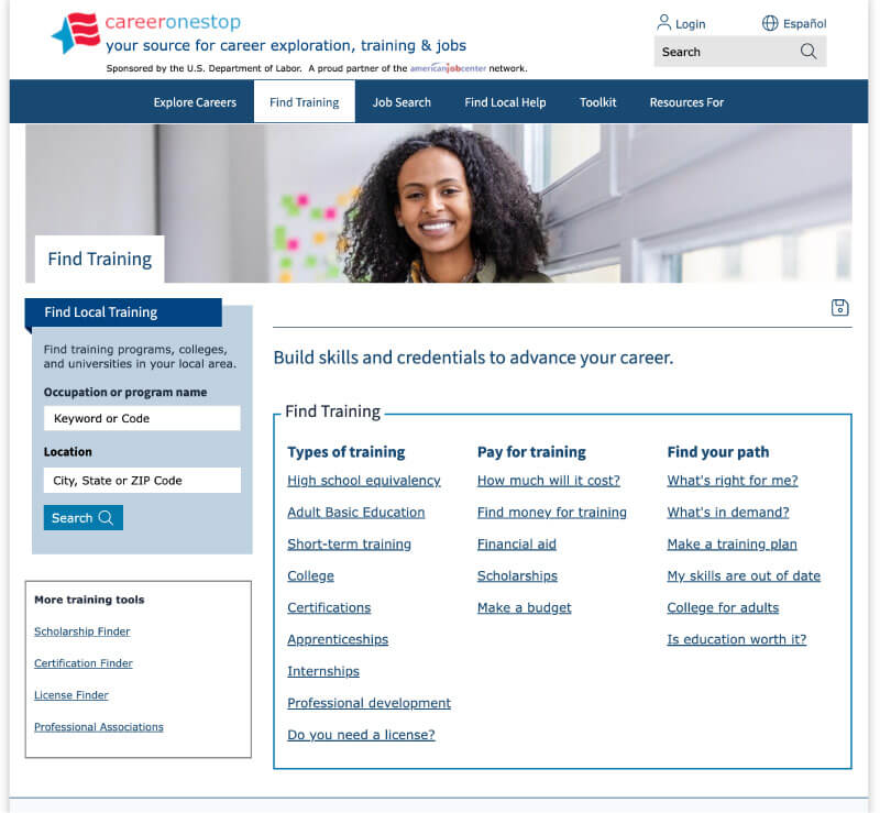 Screenshot of the official CareerOneStop ETPL search tool showing verified training providers