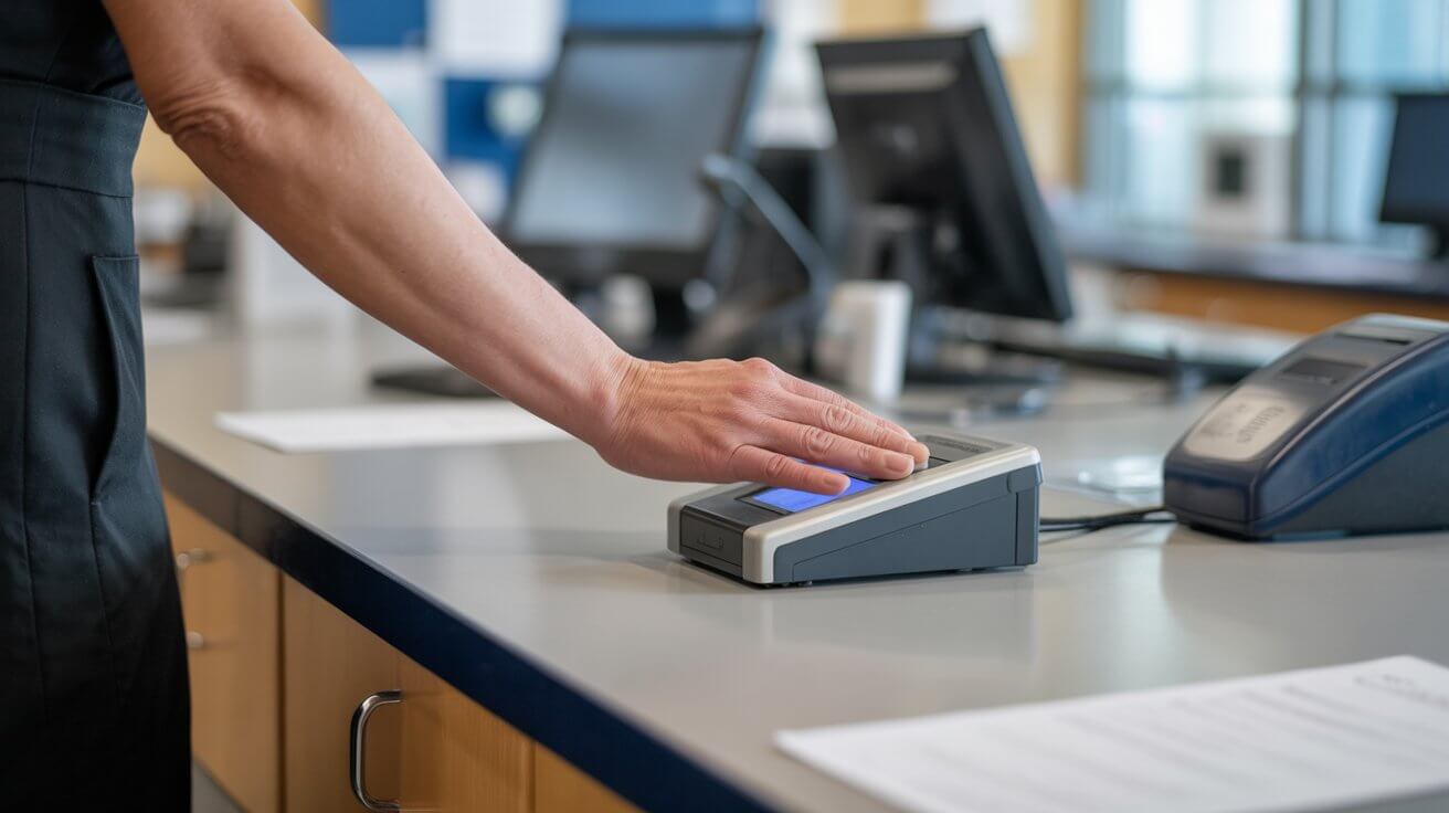 Driver completing fingerprinting at an IdentoGO TSA enrollment center for the Hazmat endorsement background check