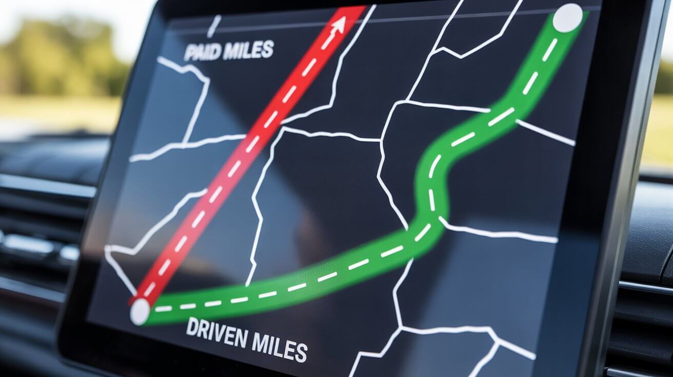 Map comparison showing the difference between Paid Miles (Straight Line) and Driven Miles (Actual Route)
