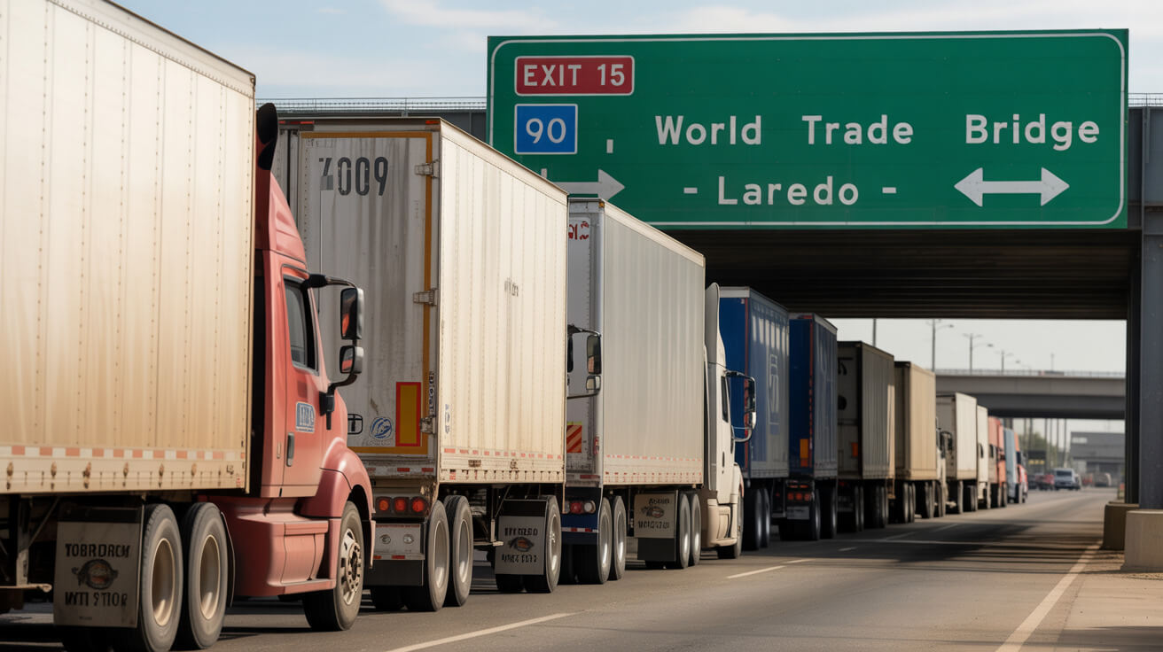 Long lines of trucks at the World Trade Bridge in Laredo