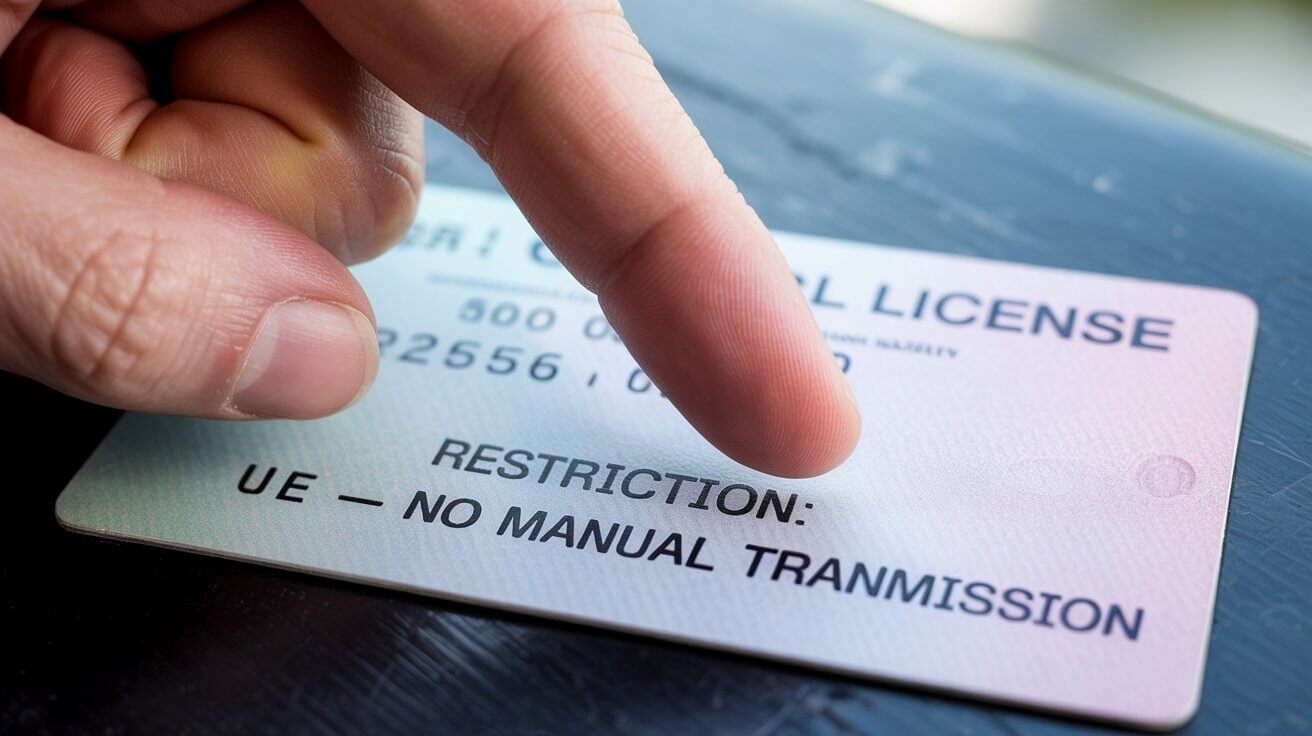 Close up of a CDL license back showing the Restriction E: No Manual Transmission