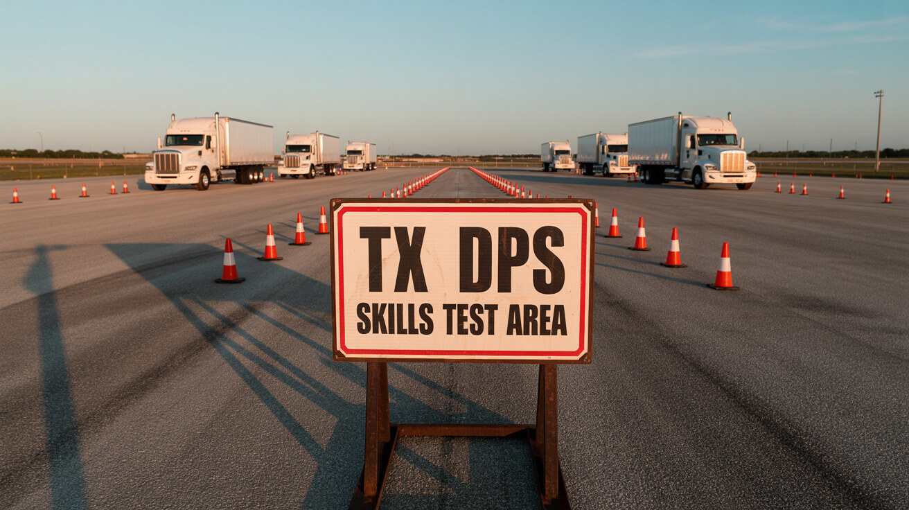 Aerial view of a Texas CDL training range with several trucks