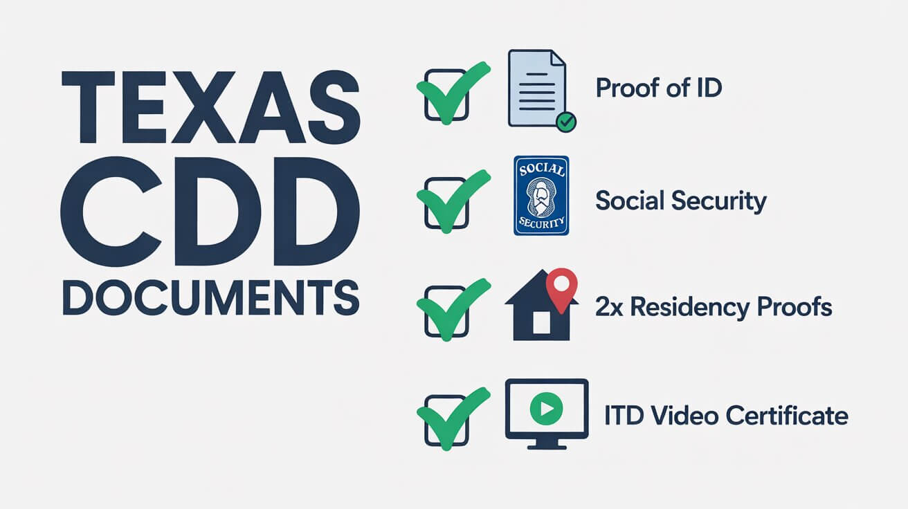 Infographic showing the specific documents needed for Texas CDL including the ITD Certificate