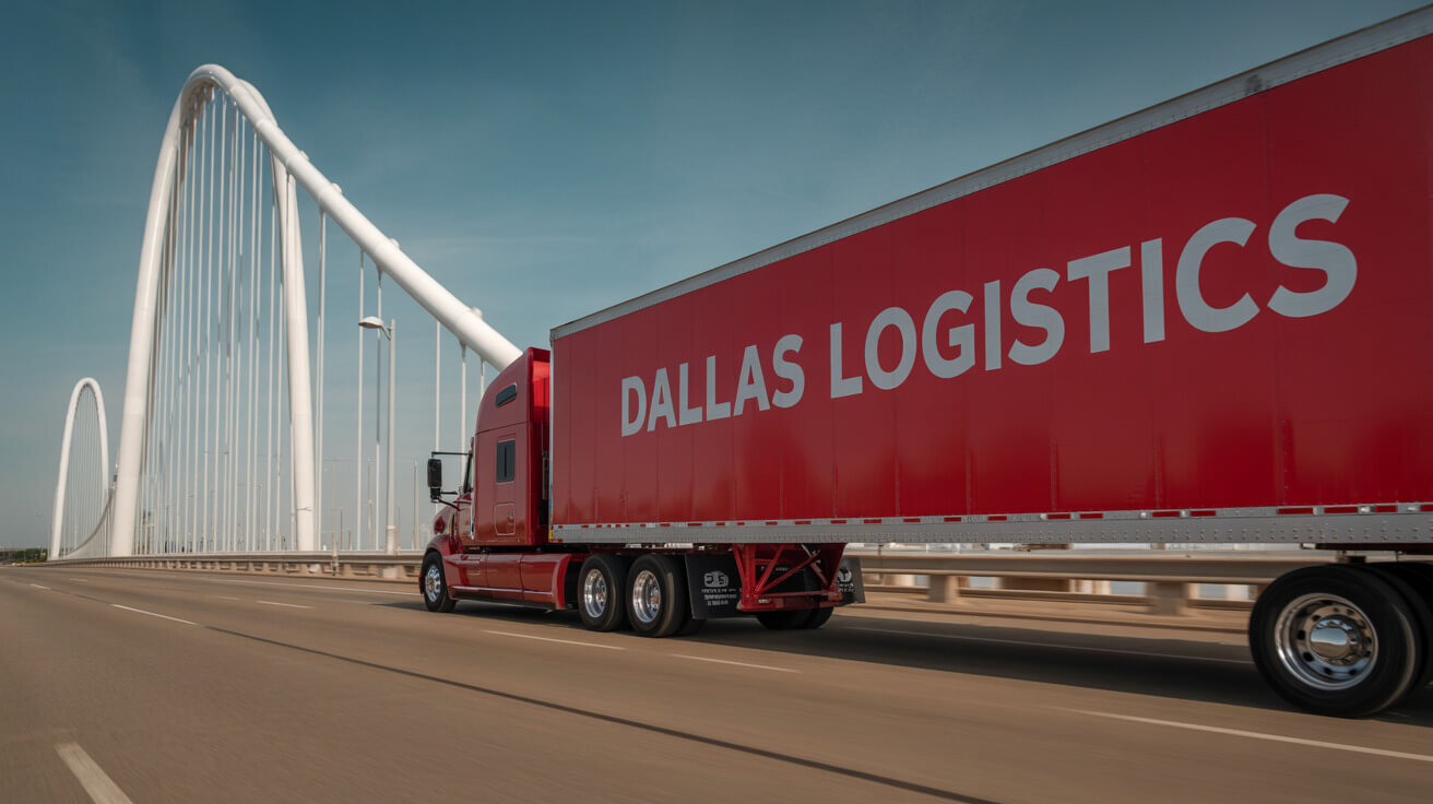 Red semi-truck crossing the Margaret Hunt Hill Bridge in Dallas