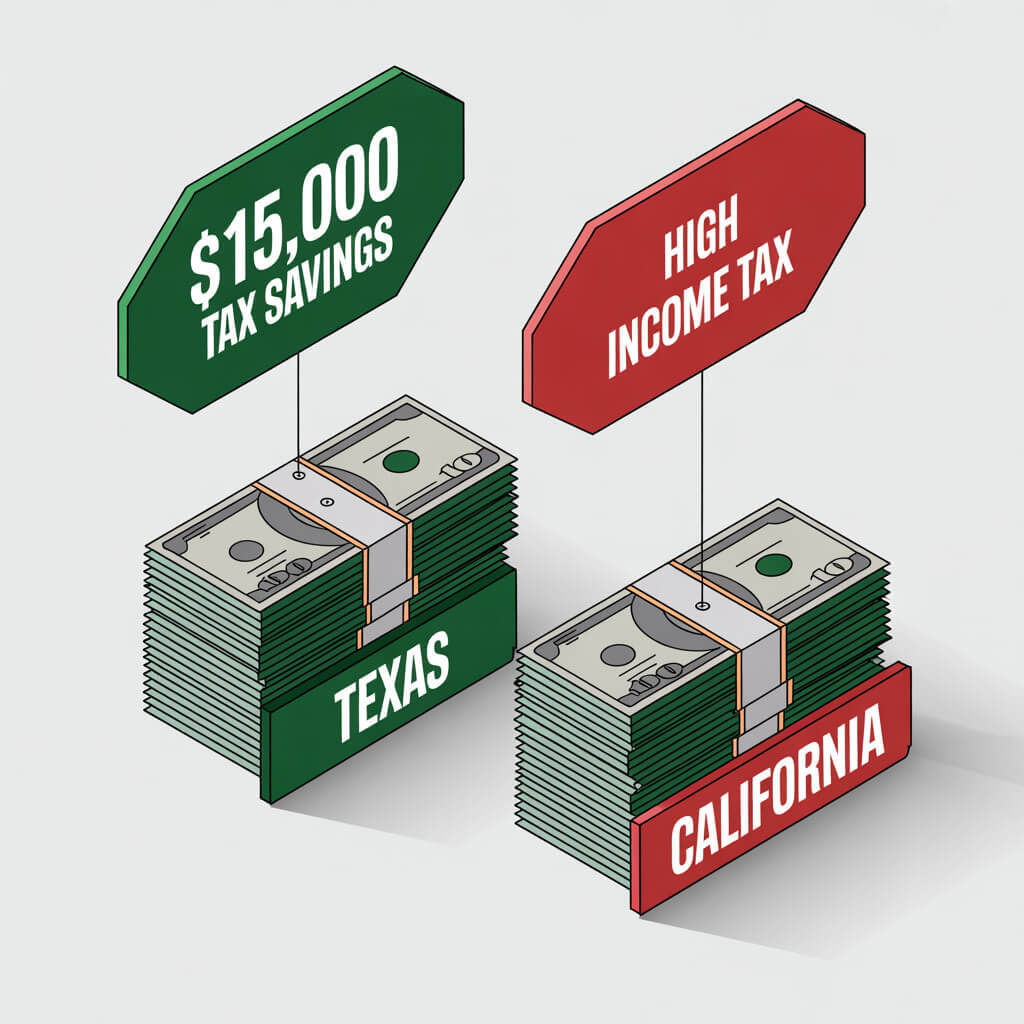 3D infographic comparing savings in Texas vs California