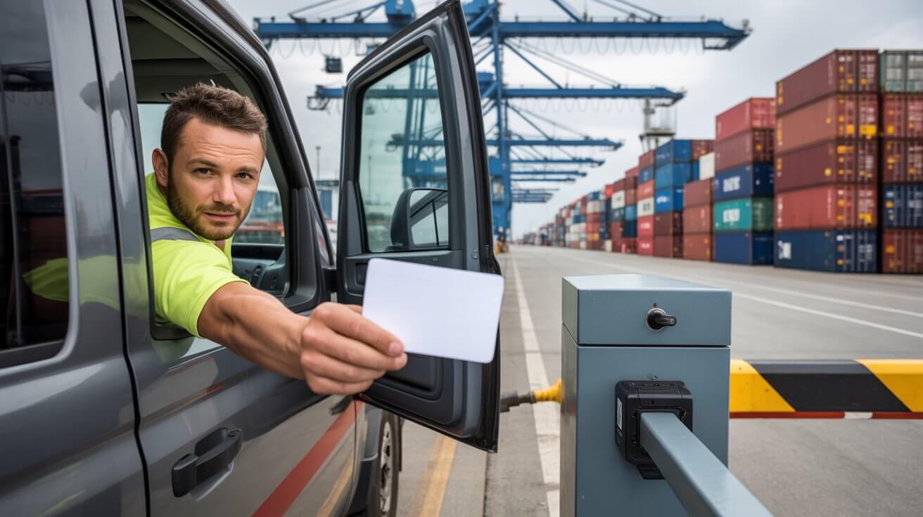 Truck driver presenting a TWIC card at a secured port terminal gate for access
