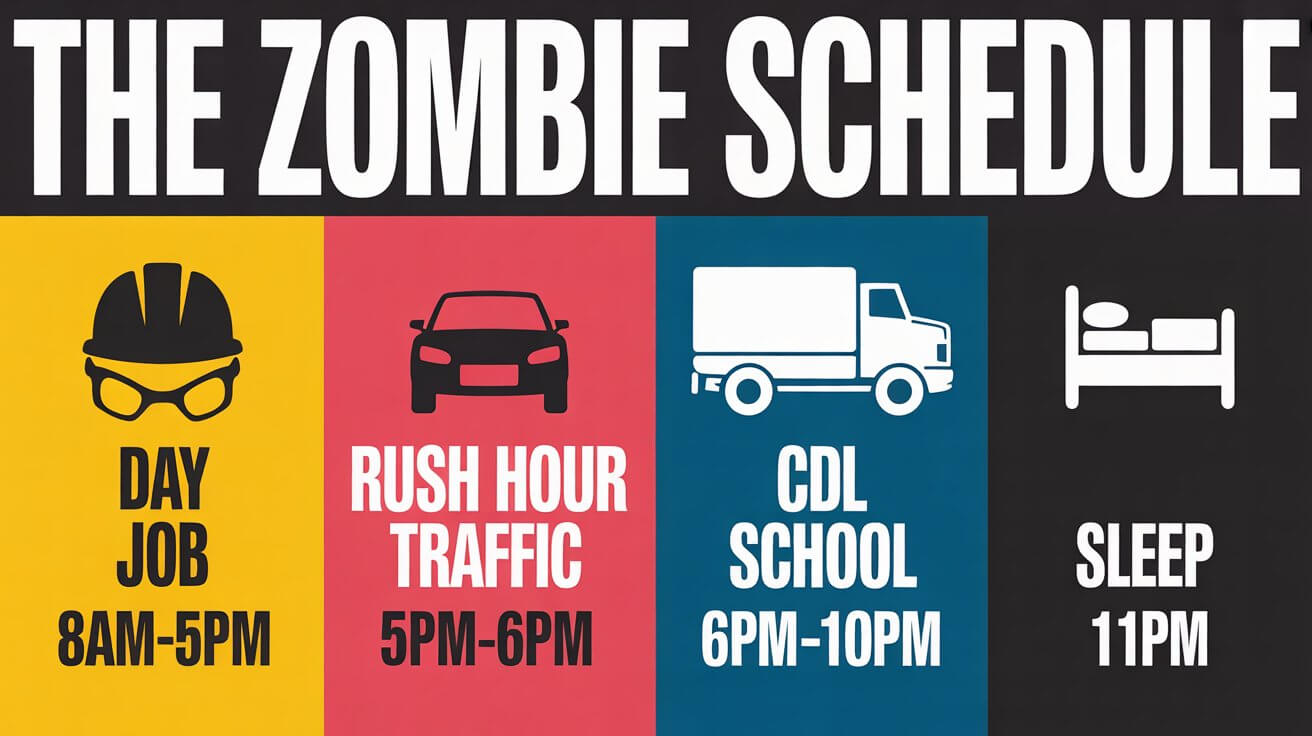 Timeline graphic showing a 16-hour day combining work and CDL training